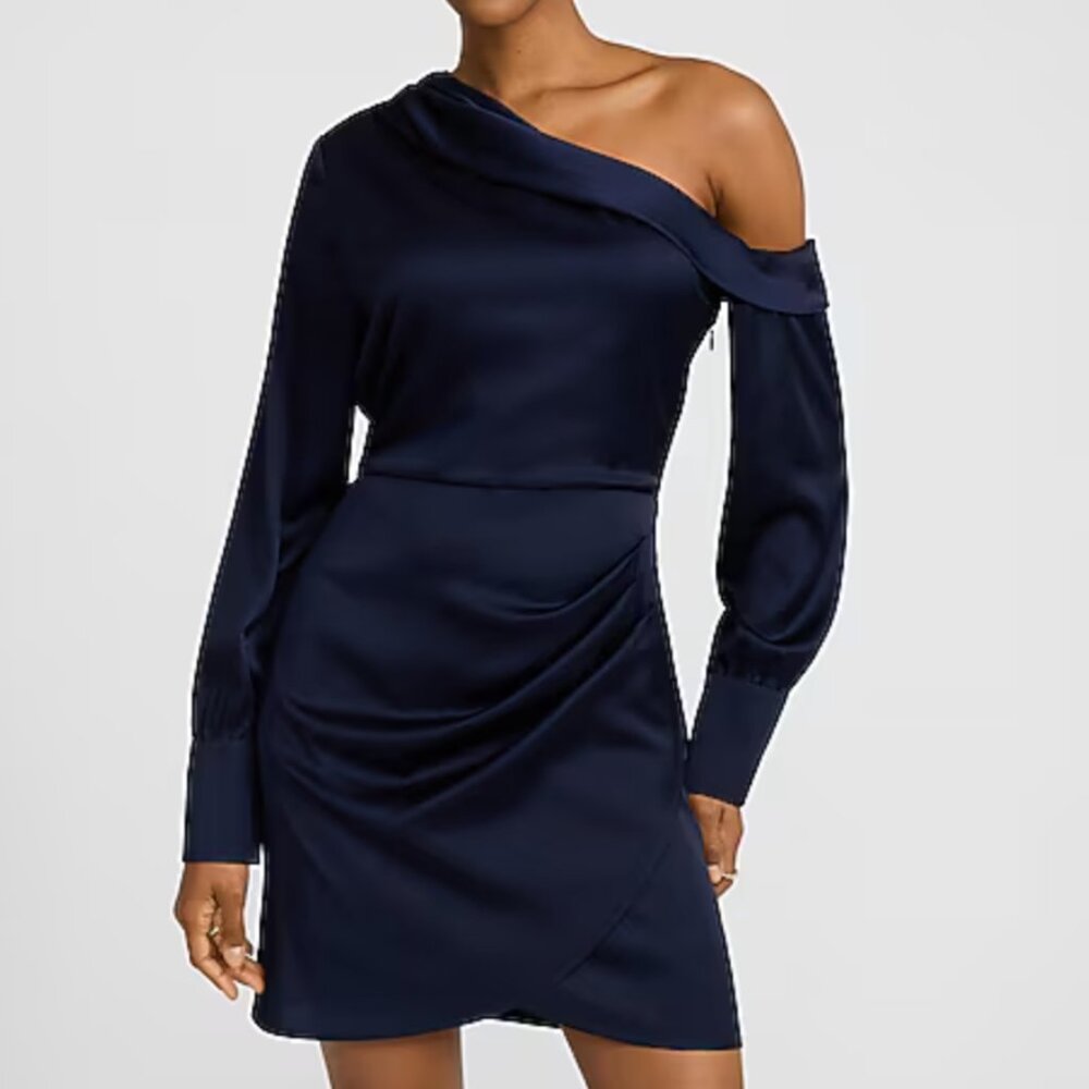 Express X-Small Navy Satin Off The Shoulder Asymmetrical Wrap Dress NWT